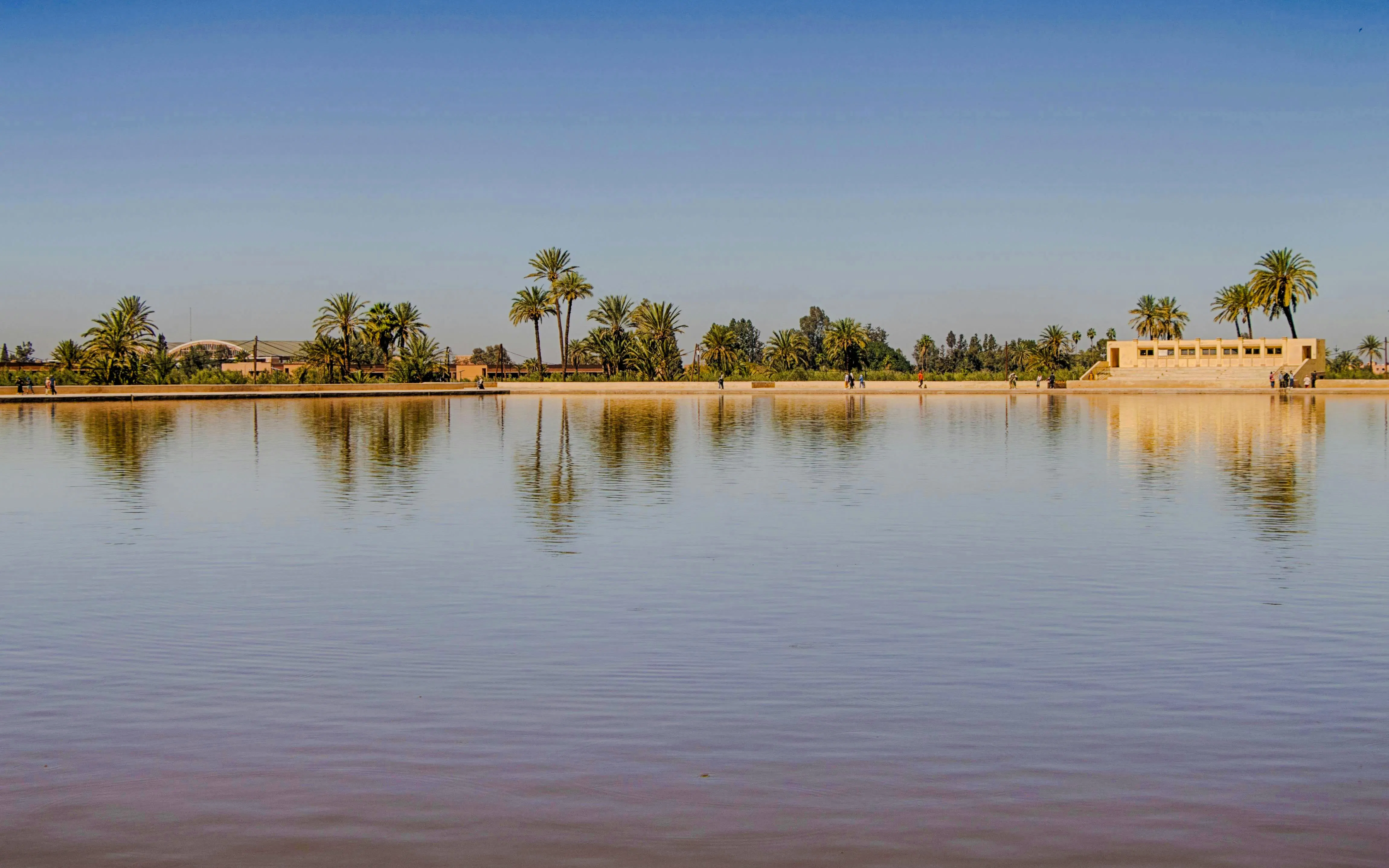 La Ménara pavilion reflected in a tranquil pond, surrounded by palm trees in Marrakech.