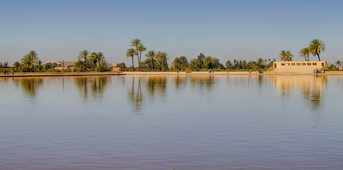 La Ménara pavilion reflected in a tranquil pond, surrounded by palm trees in Marrakech.