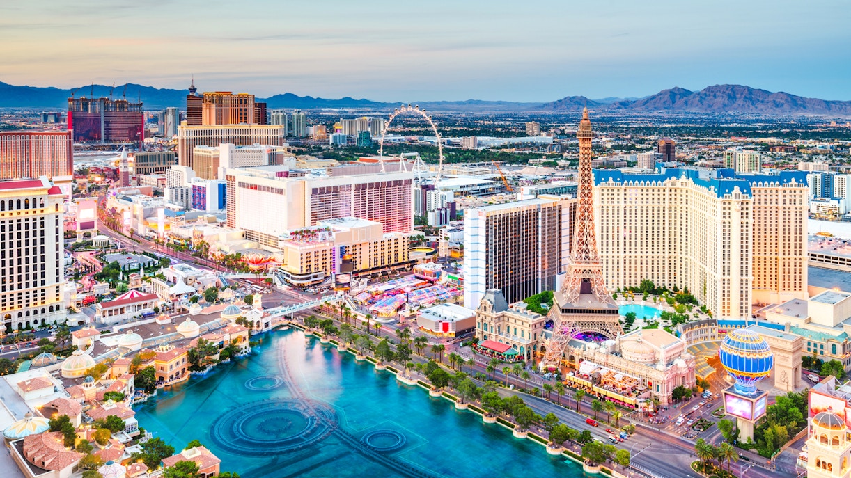 Aerial view of the Las Vegas Strip featuring hotels and landmarks.