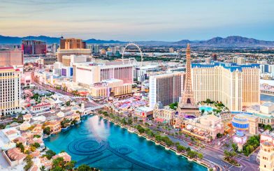 Aerial view of the Las Vegas Strip featuring hotels and landmarks.