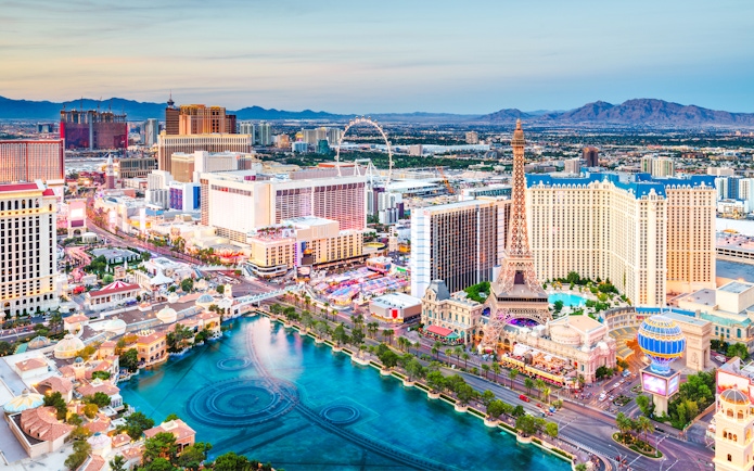 Aerial view of the Las Vegas Strip featuring hotels and landmarks.