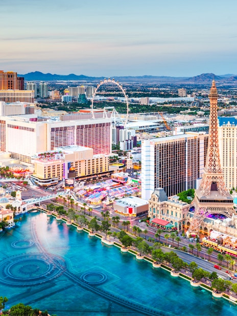 Aerial view of the Las Vegas Strip featuring hotels and landmarks.