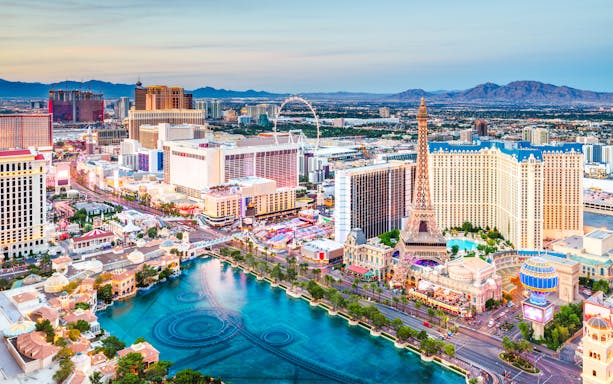 Aerial view of the Las Vegas Strip featuring hotels and landmarks.