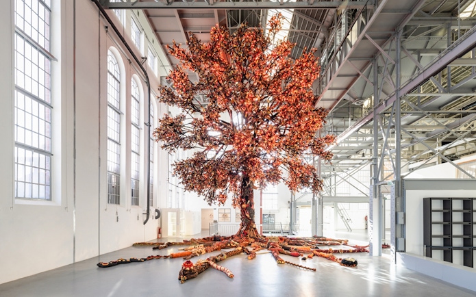 Sculptural tree installation inside MAAT Gallery, Lisbon.