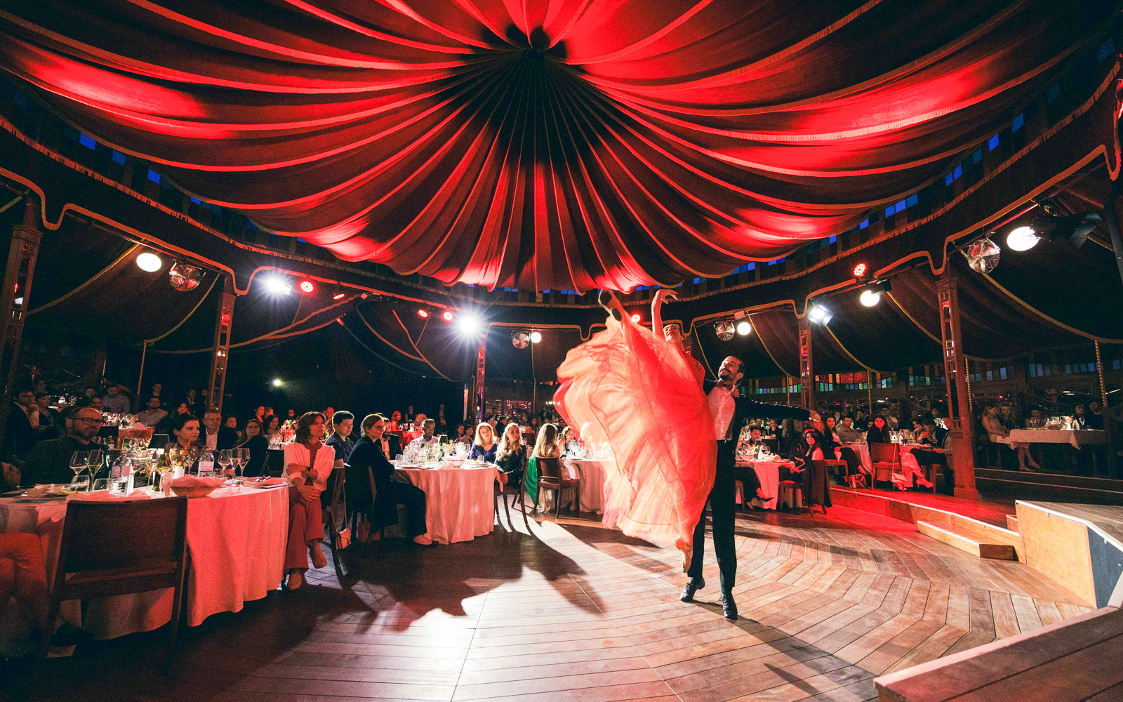 Dancers performing at a Strauss concert with guests dining at Prater Vienna's Mirage.