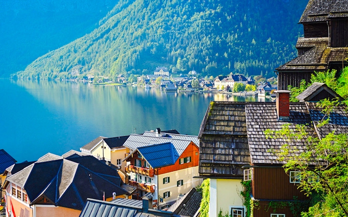 Village of Hallstatt, Austria with lakeside view and traditional alpine houses.