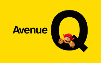 Avenue Q logo with puppet character peeking through the letter Q, promoting West End show.