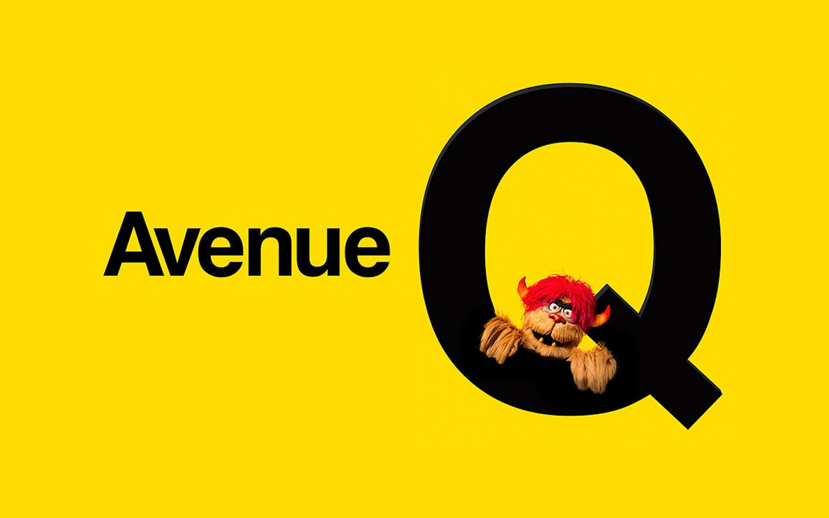 Avenue Q logo with puppet character peeking through the letter Q, promoting West End show.