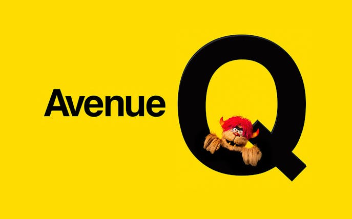 Avenue Q logo with puppet character peeking through the letter Q, promoting West End show.