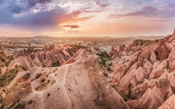 Red Valley rock formations at sunset in Cappadocia, Turkey.