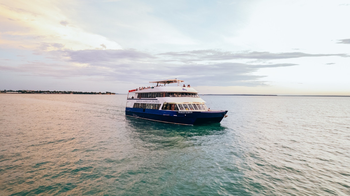 Cruise boat on Darwin Harbour during lunch tour.