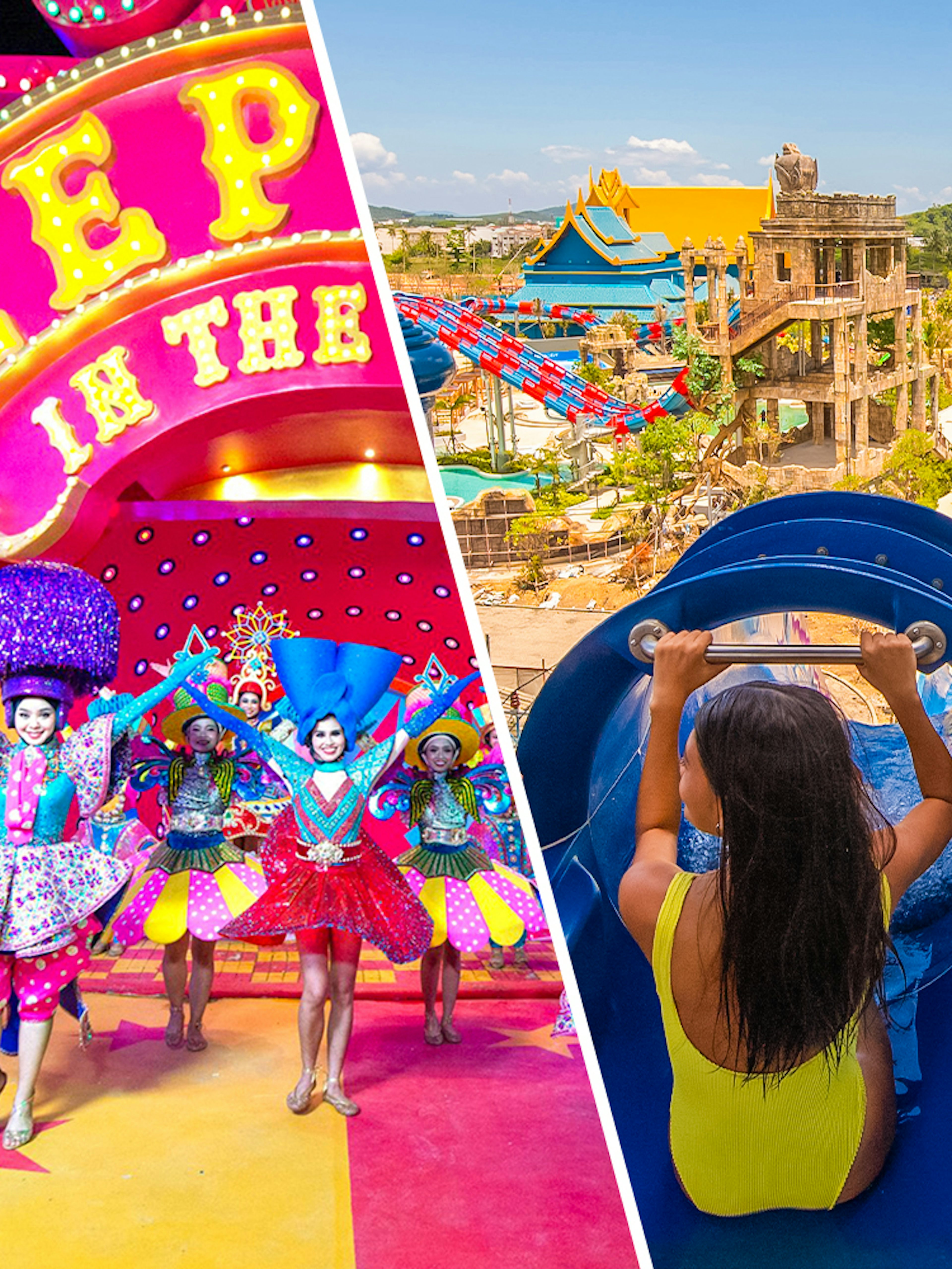 Carnival performers in vibrant costumes and a girl on a waterslide at Andamanda Phuket Water Park.