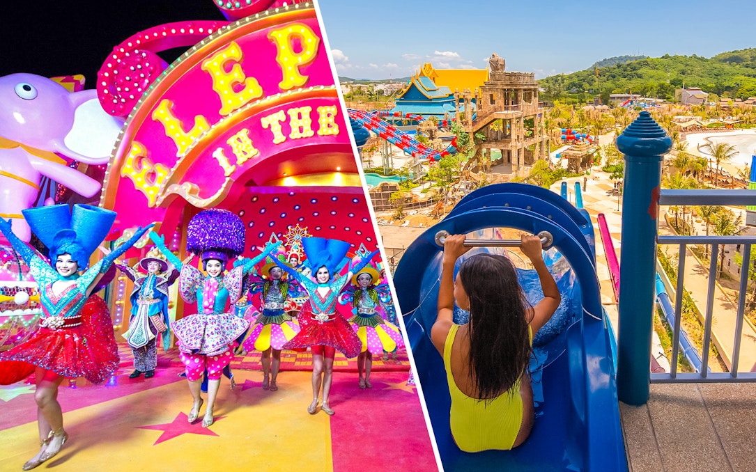 Carnival performers in vibrant costumes and a girl on a waterslide at Andamanda Phuket Water Park.