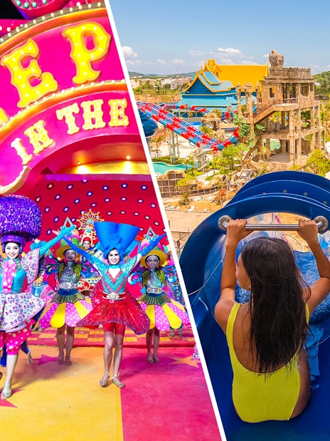 Carnival performers in vibrant costumes and a girl on a waterslide at Andamanda Phuket Water Park.