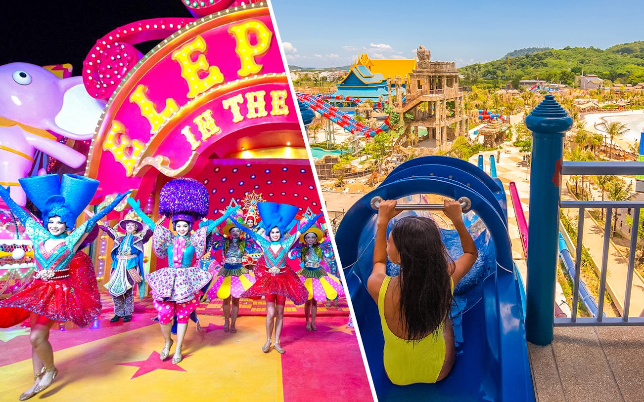 Carnival performers in vibrant costumes and a girl on a waterslide at Andamanda Phuket Water Park.