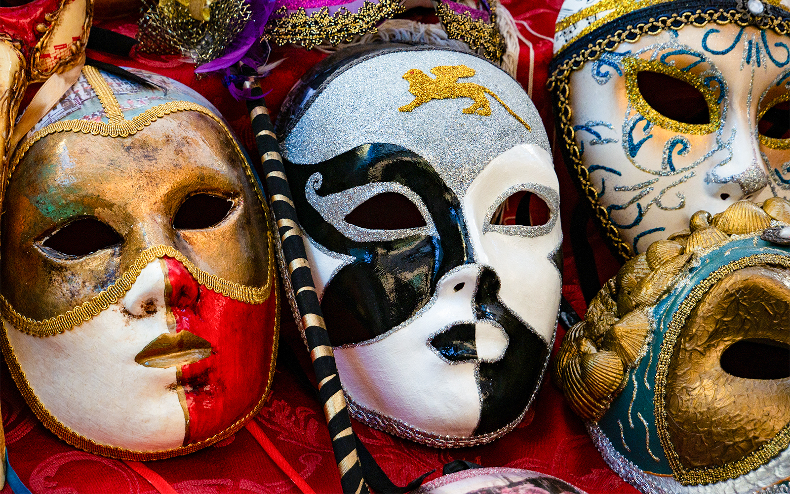 Venetian masks displayed at the Venice Carnival, Italy.