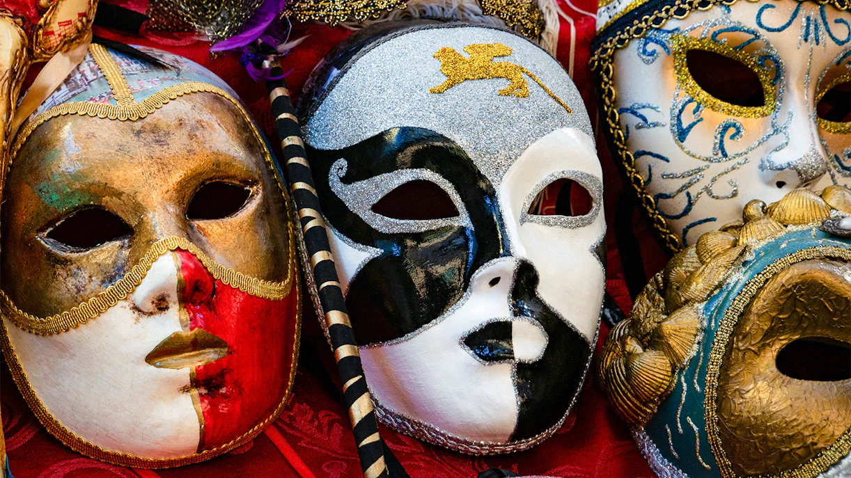 Venetian masks displayed at the Venice Carnival, Italy.