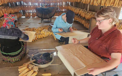 Ethnic villagers crafting in a corn-filled hut during Mu Cang Chai motorbike tour, Sa Pa.