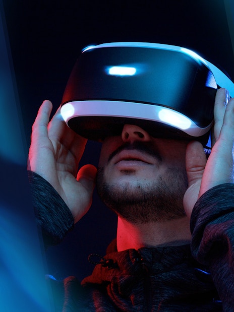 VR headset user experiencing Sea Life London virtual tour.