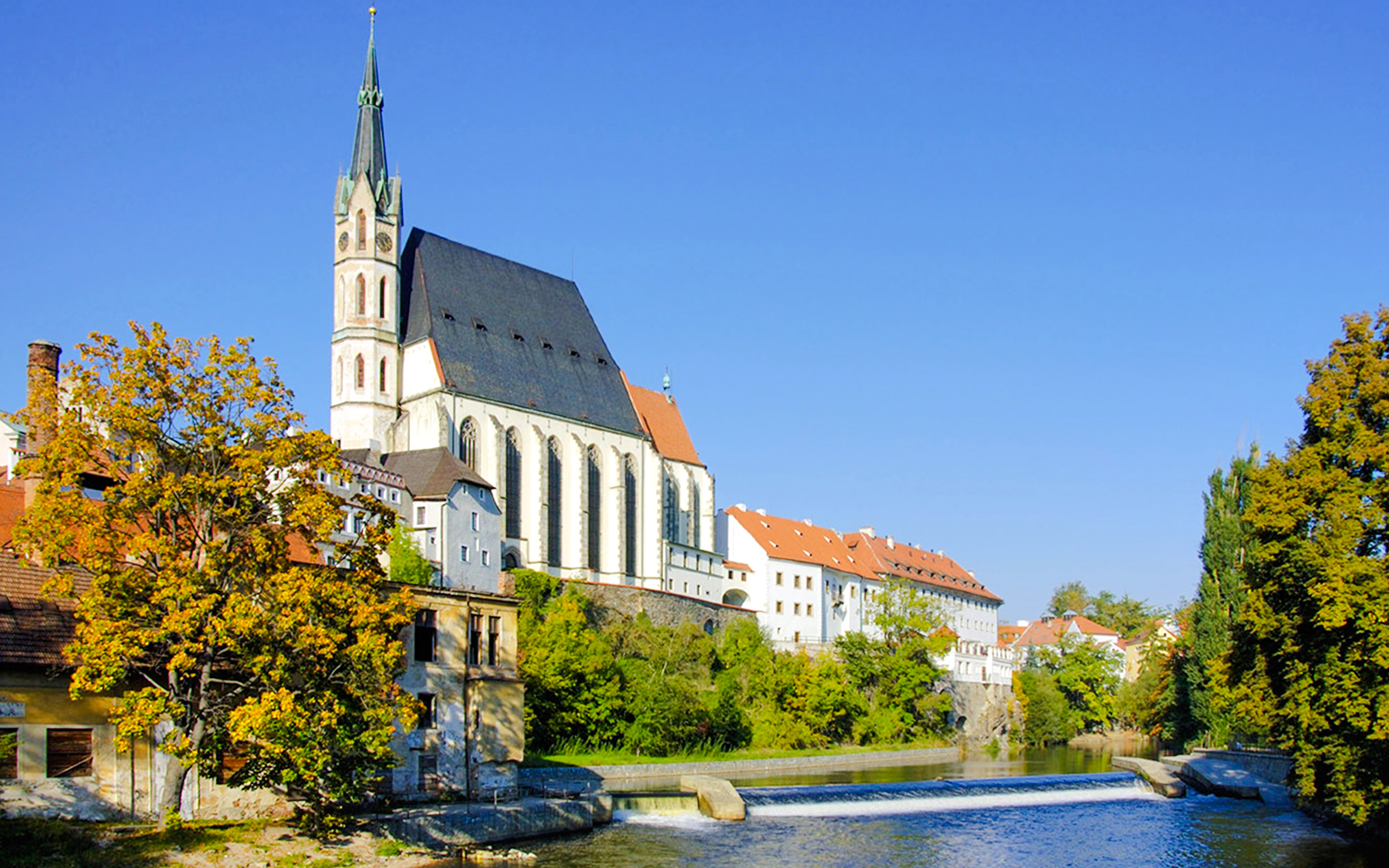 Church of St. Vitus by the Vltava River in Český Krumlov, Czech Republic.