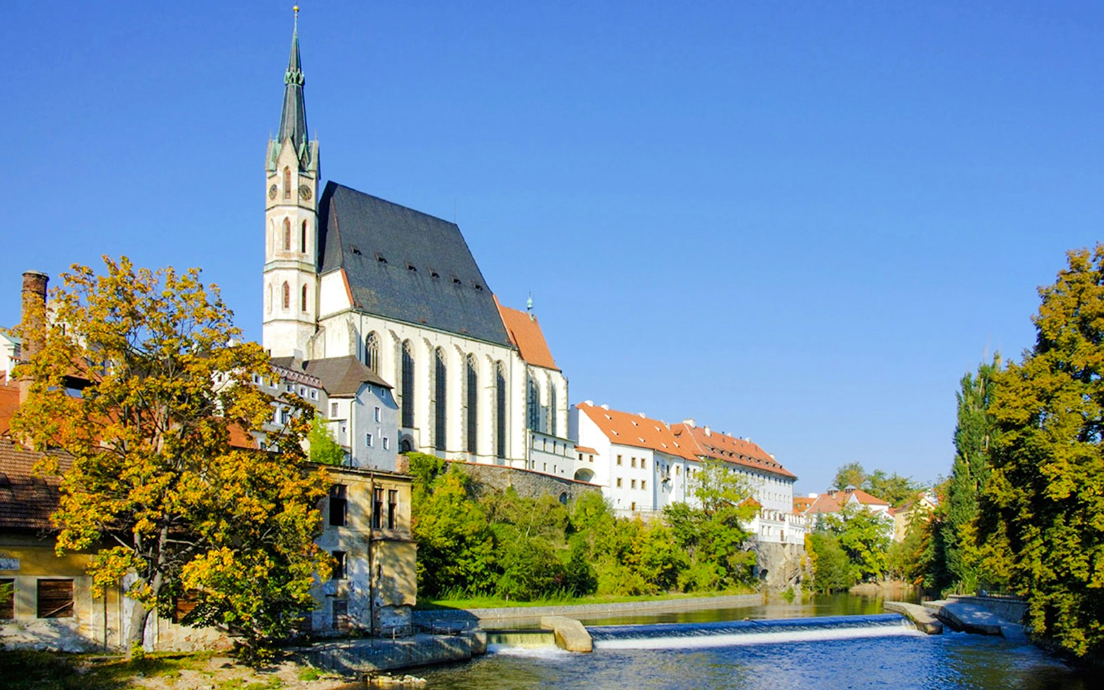 Church of St. Vitus by the Vltava River in Český Krumlov, Czech Republic.