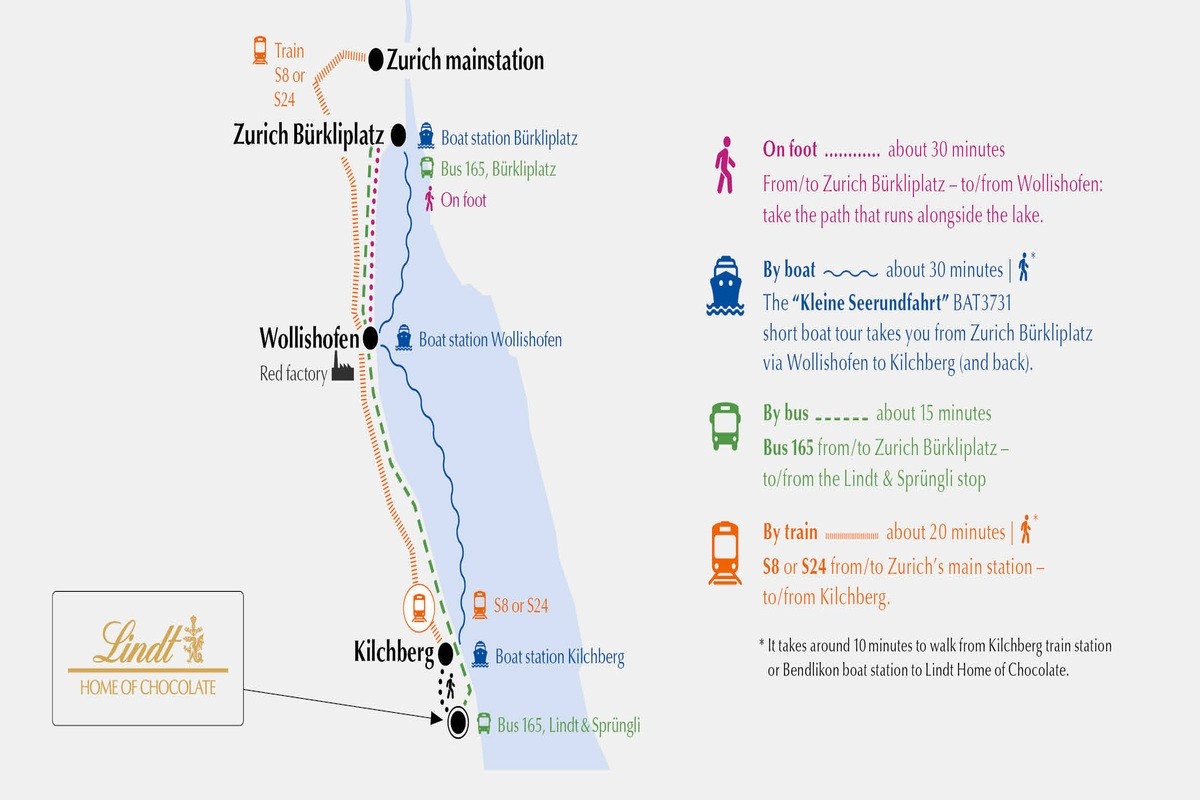 Map showing routes to Lindt Home of Chocolate Museum from Zurich, including train, bus, boat, and walking paths.