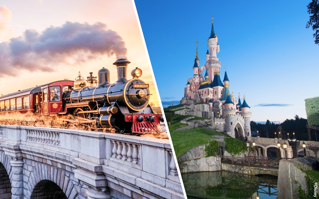 Steam train crossing a bridge and Sleeping Beauty Castle at Disneyland Paris.