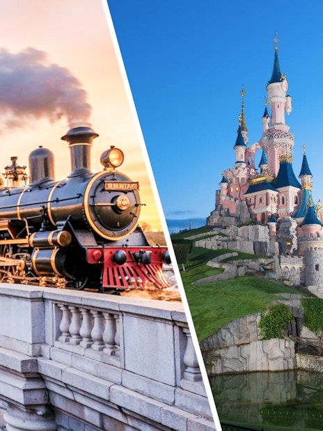 Steam train crossing a bridge and Sleeping Beauty Castle at Disneyland Paris.