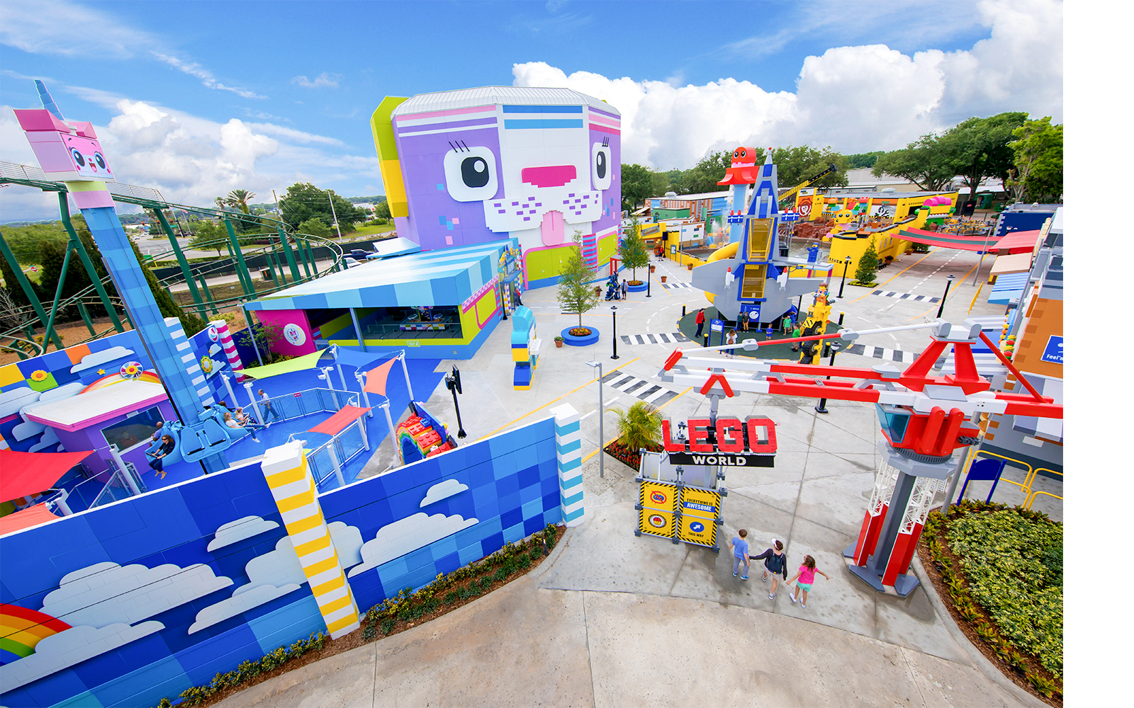 Lego Movie World entrance at LEGOLAND Theme Park, Florida with colorful attractions.