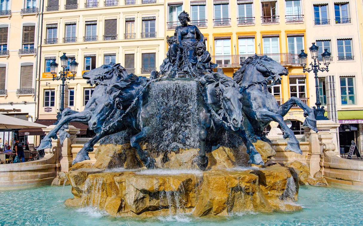 Bartholdi Fountain with horses and figures at Place des Terreaux, Lyon, France.