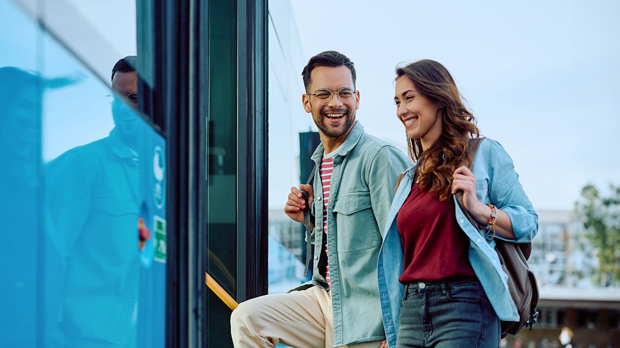 Aerobus traveling through Barcelona city center, offering round-trip service from Barcelona Airport.