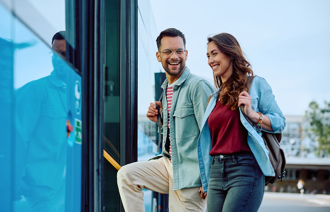 Aerobus traveling through Barcelona city center, offering round-trip service from Barcelona Airport.