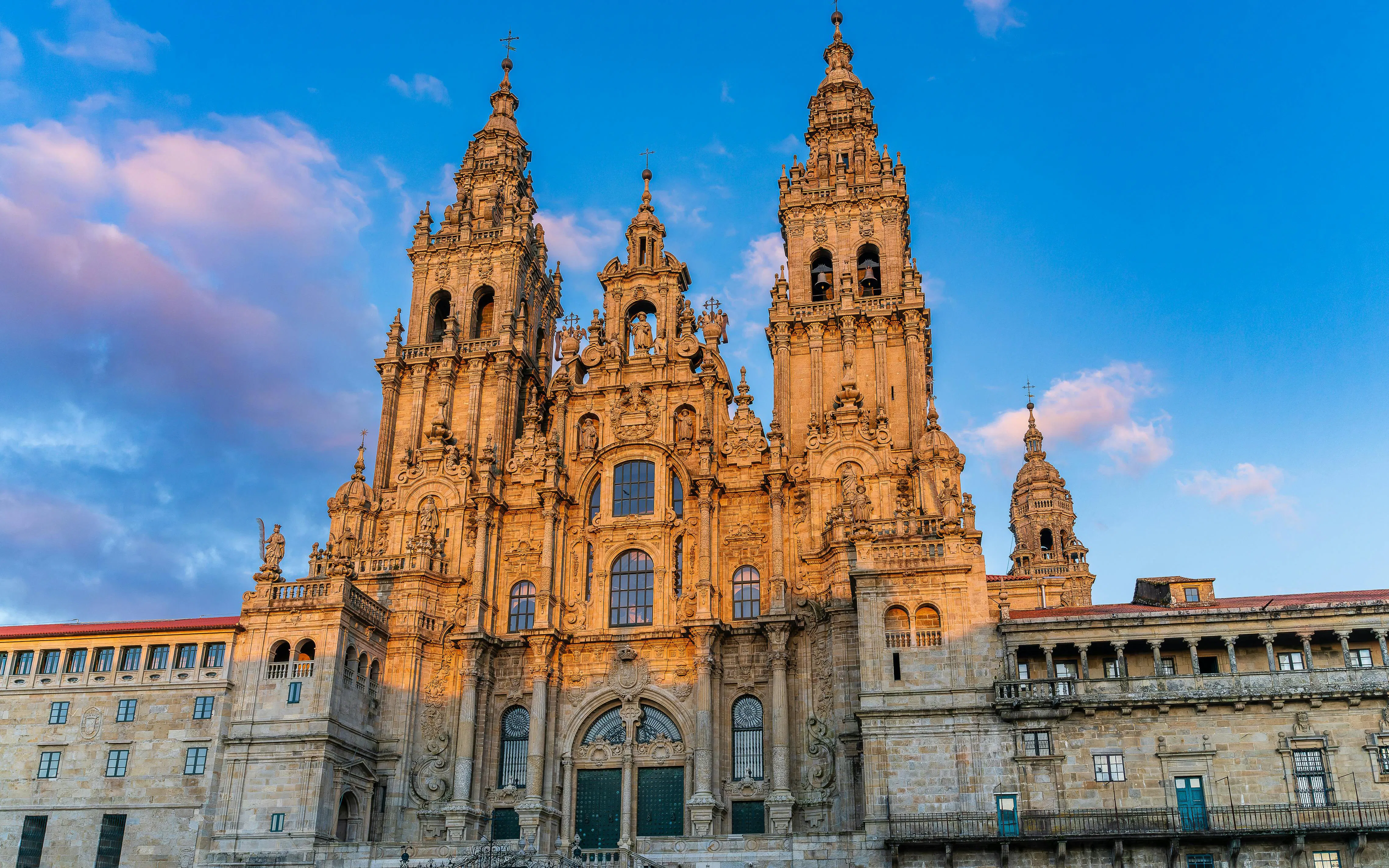 Facade of the Cathedral of Santiago de Compostela at sunset, Galicia, Spain.