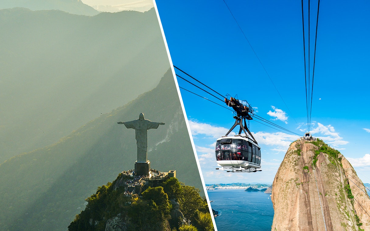 Christ the Redeemer statue and Sugarloaf Mountain cable car in Rio de Janeiro, Brazil.