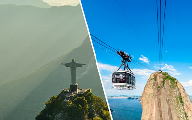 Christ the Redeemer statue and Sugarloaf Mountain cable car in Rio de Janeiro, Brazil.