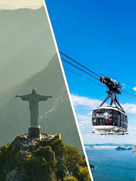 Christ the Redeemer statue and Sugarloaf Mountain cable car in Rio de Janeiro, Brazil.