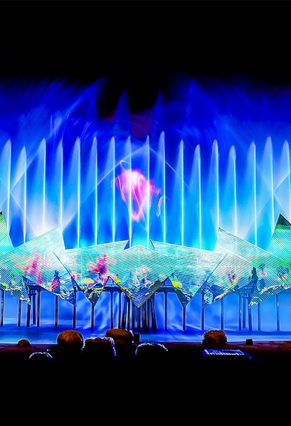 Spectacular light and water show at Wings of Time, Sentosa Island, Singapore.