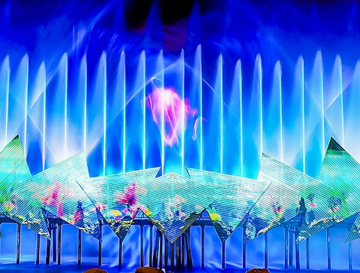 Spectacular light and water show at Wings of Time, Sentosa Island, Singapore.