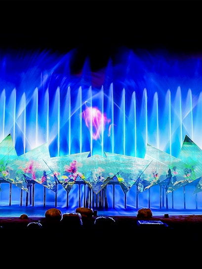 Spectacular light and water show at Wings of Time, Sentosa Island, Singapore.