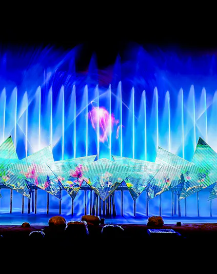 Spectacular light and water show at Wings of Time, Sentosa Island, Singapore.