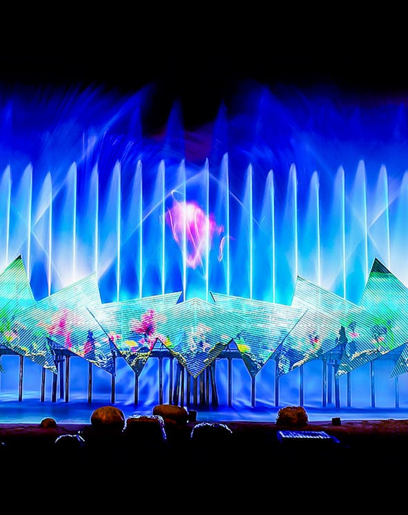 Spectacular light and water show at Wings of Time, Sentosa Island, Singapore.