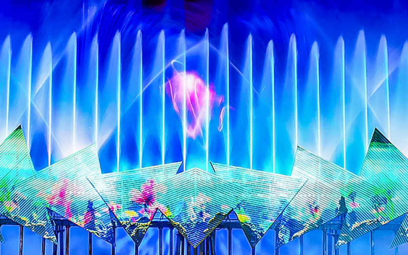 Spectacular light and water show at Wings of Time, Sentosa Island, Singapore.