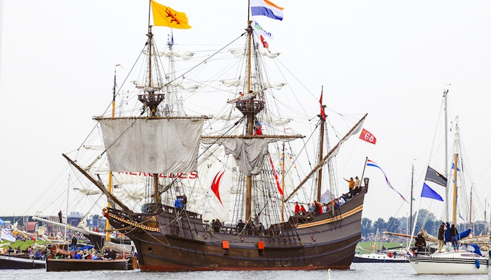 Historic tall ship sailing during Sail Amsterdam event.