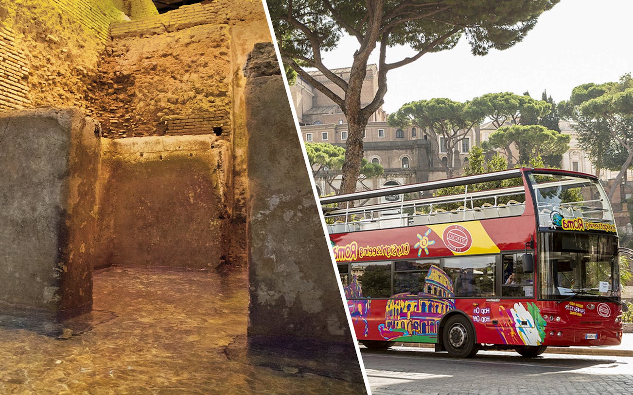 Trevi Underground ruins and Rome hop-on hop-off bus.