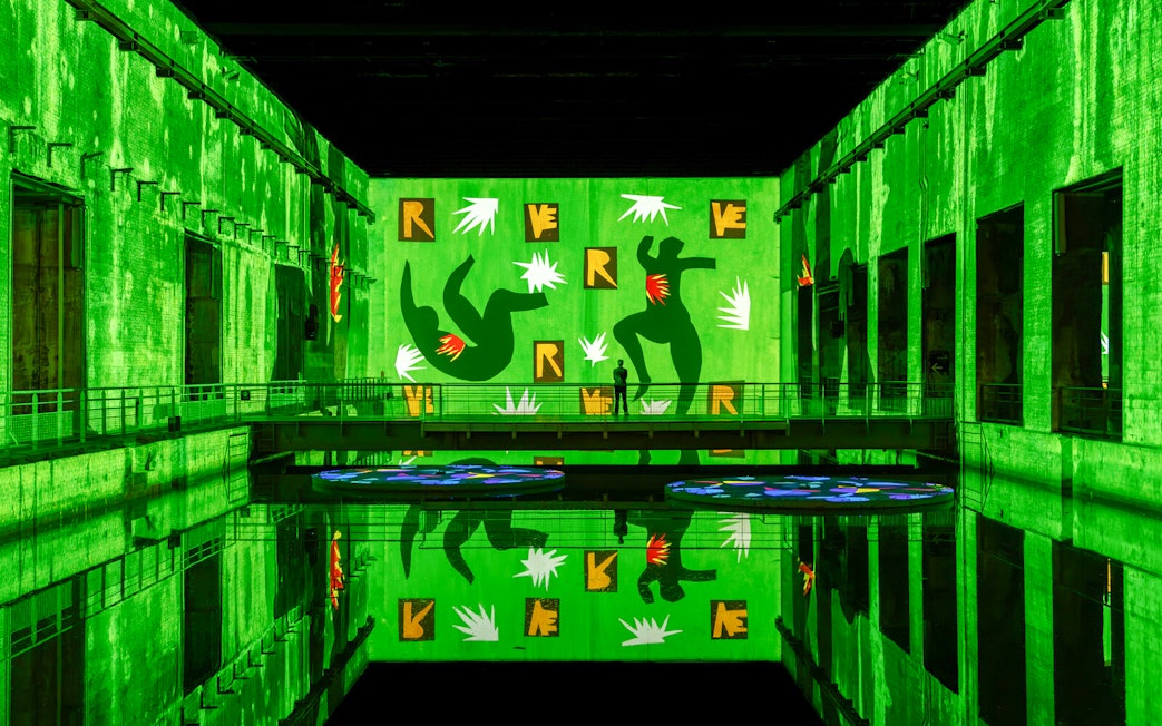 Matisse artwork projected in green at Bassins des Lumières exhibition.