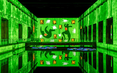 Matisse artwork projected in green at Bassins des Lumières exhibition.
