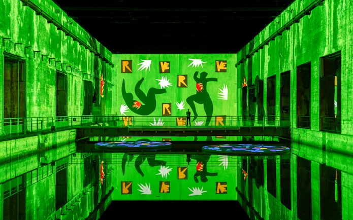Matisse artwork projected in green at Bassins des Lumières exhibition.