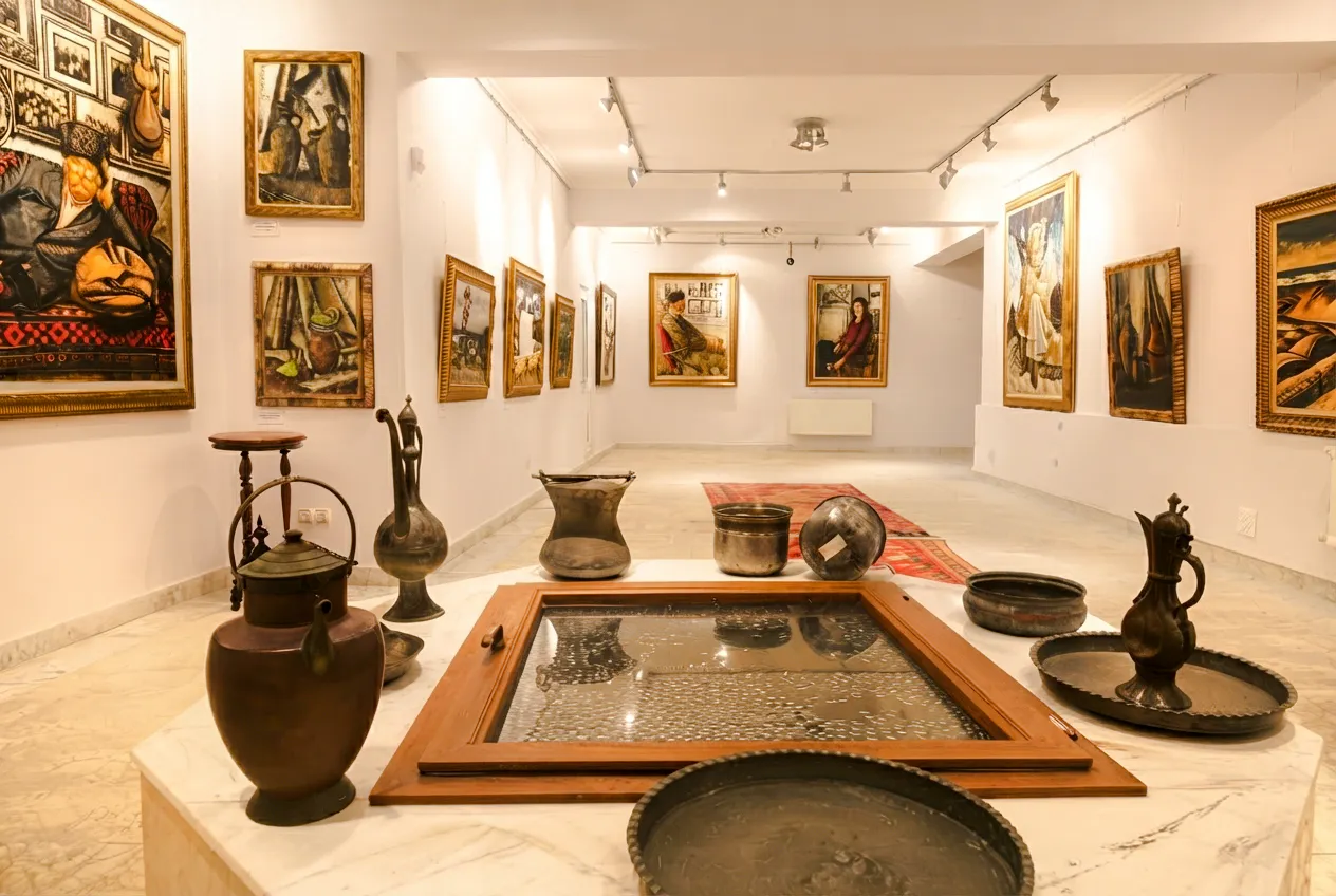 Artworks and traditional vessels displayed in the House-Museum of Tahir Salahov, Baku.