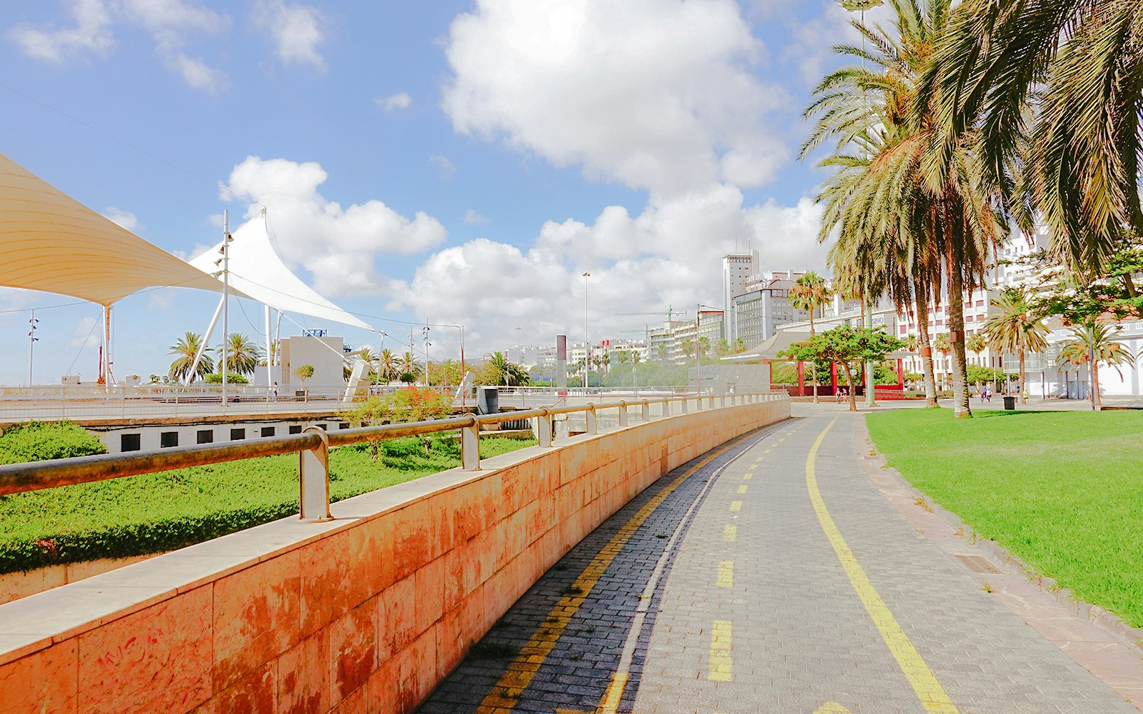 Parque Santa Catalina lleno de árboles con carreteras que conducen a edificios al fondo.
