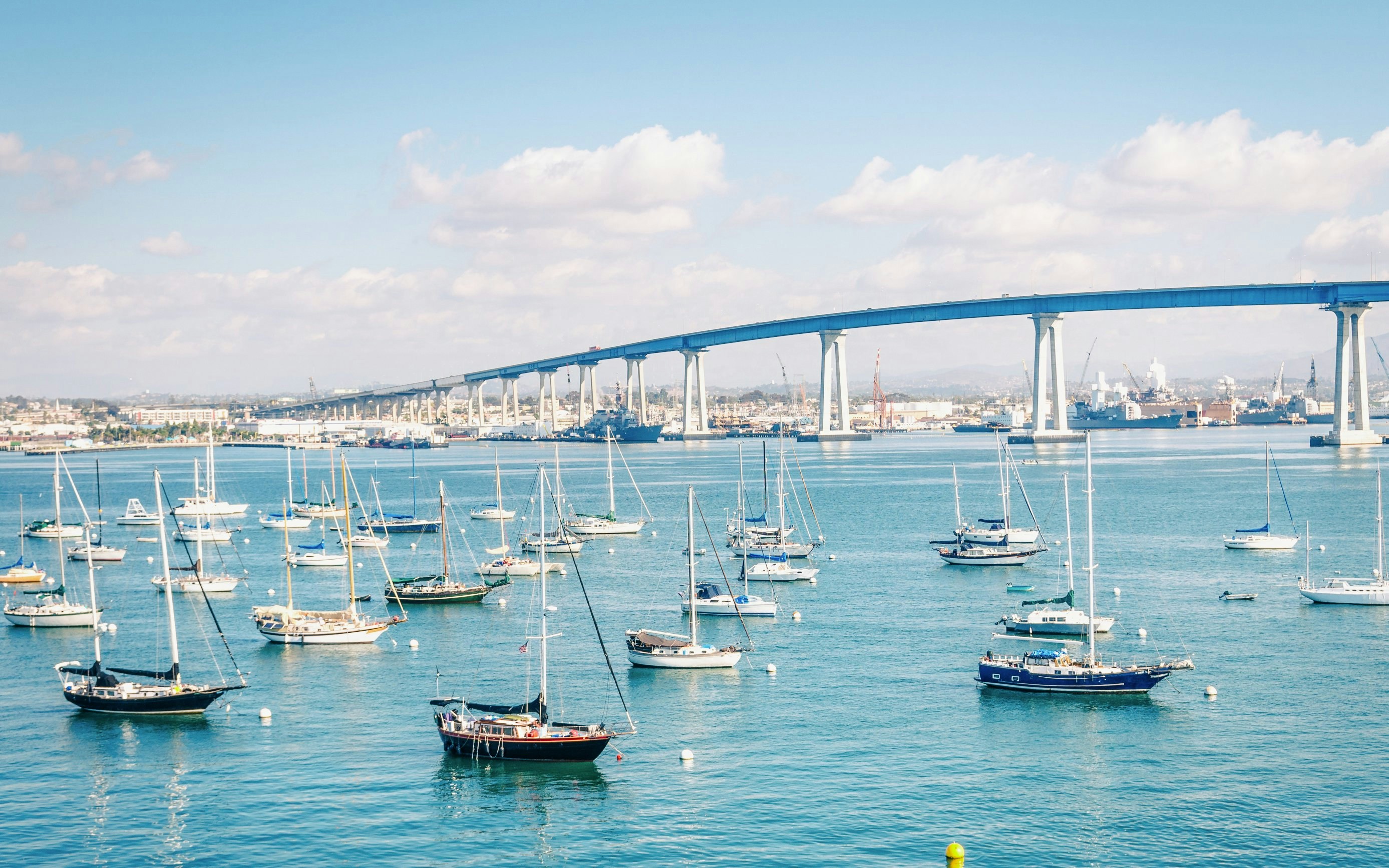 Sailboats in San Diego Bay with Coronado Bridge in the background.